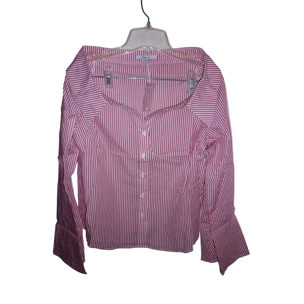 Blashe Striped Off‎ Shoulder Bell Sleeve Square Neck Button Up Blouse M
